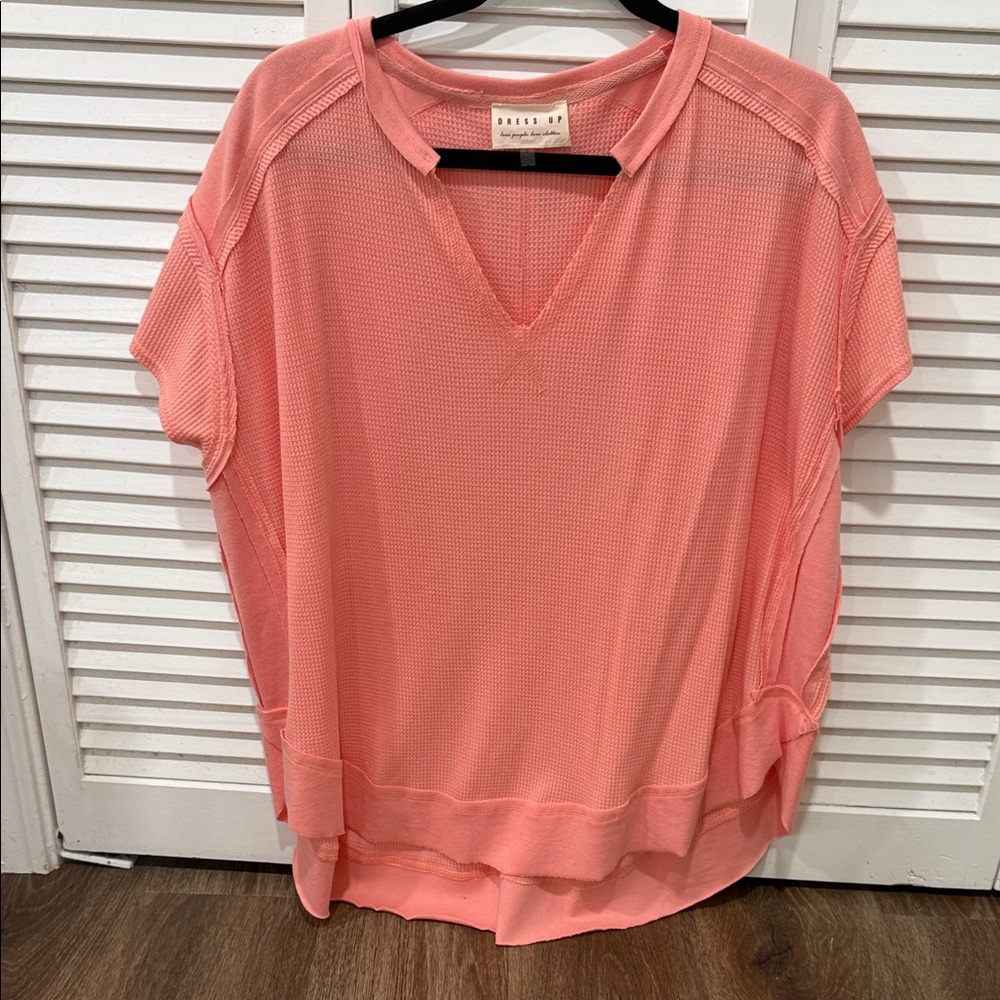 Waffle Coral Short Sleeve V-Neck Top